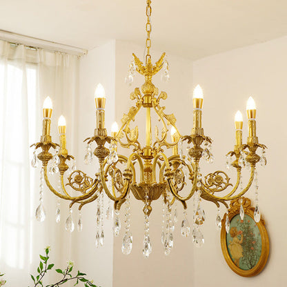 Traditional French Brass Crystal Candle-Style 8-Light Chandelier For Bedroom And Living Room
