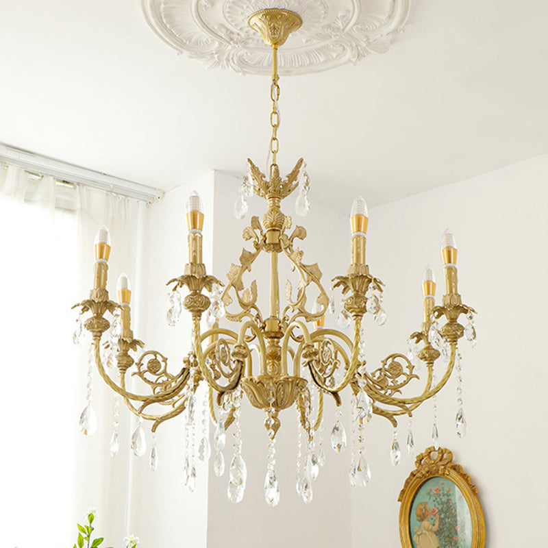 Traditional French Brass Crystal Candle-Style 8-Light Chandelier For Bedroom And Living Room
