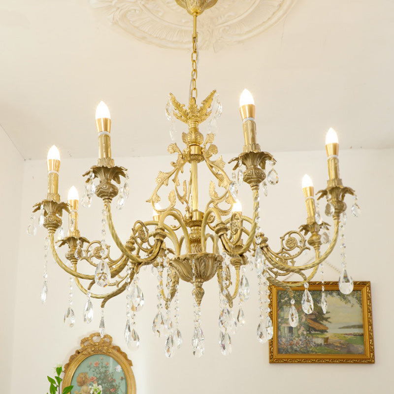 Traditional French Brass Crystal Candle-Style 8-Light Chandelier For Bedroom And Living Room
