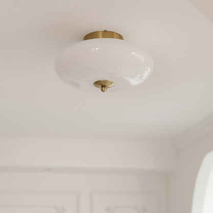 Modern Mid-Century Iron & Glass Oval LED Semi-Flush Mount Ceiling Light For Bedroom, Hallway, And Living Room