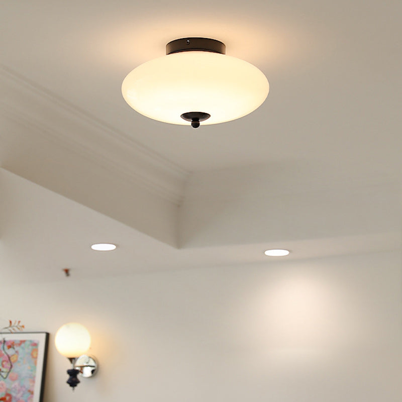 Modern Mid-Century Iron & Glass Oval LED Semi-Flush Mount Ceiling Light For Bedroom, Hallway, And Living Room