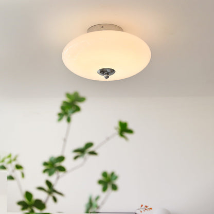 Modern Mid-Century Iron & Glass Oval LED Semi-Flush Mount Ceiling Light For Bedroom, Hallway, And Living Room