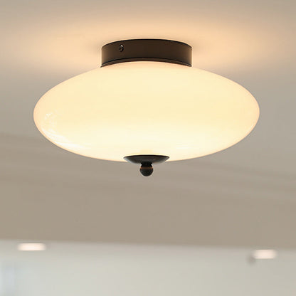 Modern Mid-Century Iron & Glass Oval LED Semi-Flush Mount Ceiling Light For Bedroom, Hallway, And Living Room