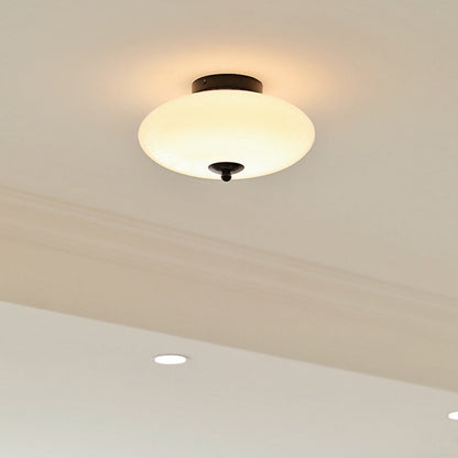 Modern Mid-Century Iron & Glass Oval LED Semi-Flush Mount Ceiling Light For Bedroom, Hallway, And Living Room