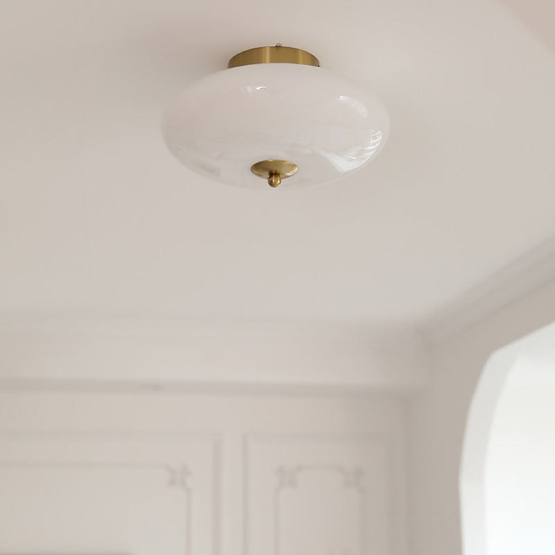 Modern Mid-Century Iron & Glass Oval LED Semi-Flush Mount Ceiling Light For Bedroom, Hallway, And Living Room