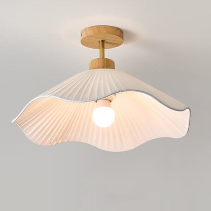 Modern Minimalist Iron, Wood & Fabric Curved Cone 1-Light Semi-Flush Mount Ceiling Light For Bedroom, Hallway, And Living Room