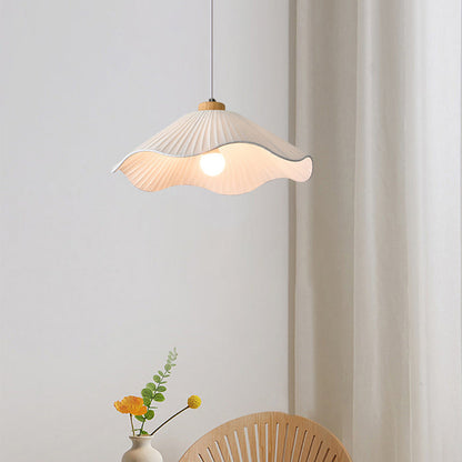 Modern Minimalist Iron, Wood & Fabric Curved Cone 1-Light Pendant Light For Bedroom, Hallway, And Living Room