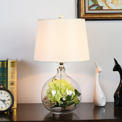 Traditional Rustic Glass & Fabric Round 1-Light Table Lamp For Bedroom And Living Room