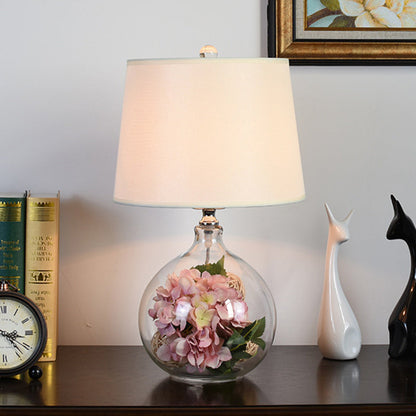 Traditional Rustic Glass & Fabric Round 1-Light Table Lamp For Bedroom And Living Room