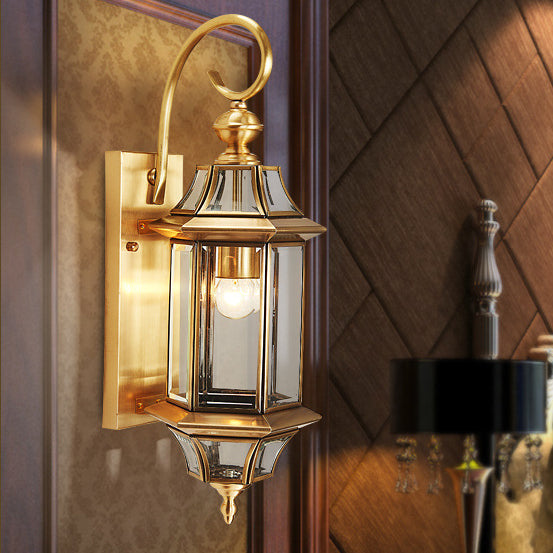 Traditional European Brass Glass Polygonal 1-Light Waterproof Wall Sconce Lamp For Bedroom Patio And Garden