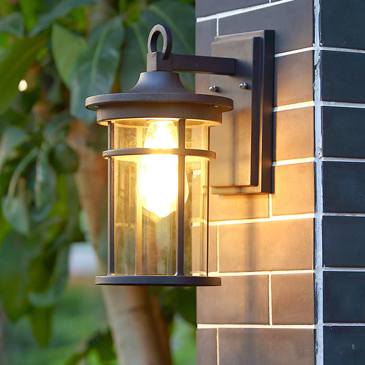 Traditional Rustic Waterproof Cast Aluminum & Glass Cylinder 1-Light Wall Sconce Lamp For Outdoor Patio & Balcony