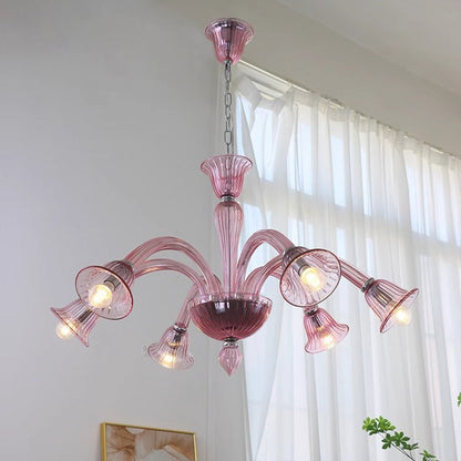 Traditional French Glass & Iron Trumpet Branch 6-Light Chandelier For Living Room & Bedroom