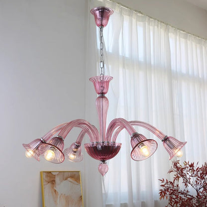 Traditional French Glass & Iron Trumpet Branch 6-Light Chandelier For Living Room & Bedroom