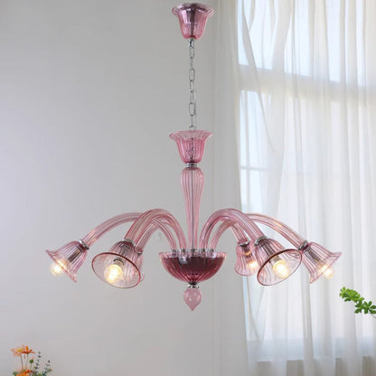 Traditional French Glass & Iron Trumpet Branch 6-Light Chandelier For Living Room & Bedroom
