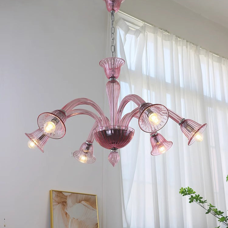 Traditional French Glass & Iron Trumpet Branch 6-Light Chandelier For Living Room & Bedroom
