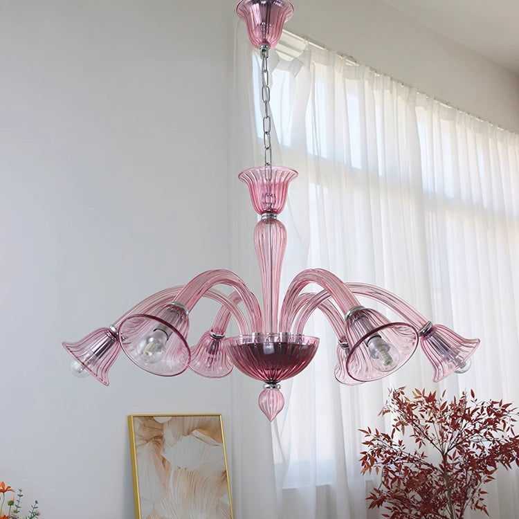 Traditional French Glass & Iron Trumpet Branch 6-Light Chandelier For Living Room & Bedroom
