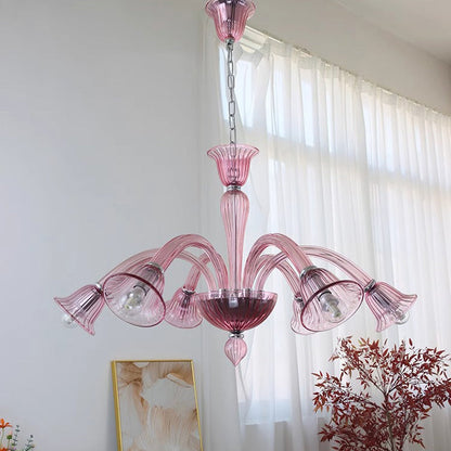 Traditional French Glass & Iron Trumpet Branch 6-Light Chandelier For Living Room & Bedroom