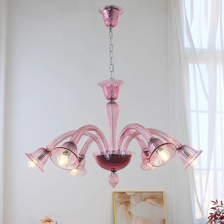 Traditional French Glass & Iron Trumpet Branch 6-Light Chandelier For Living Room & Bedroom