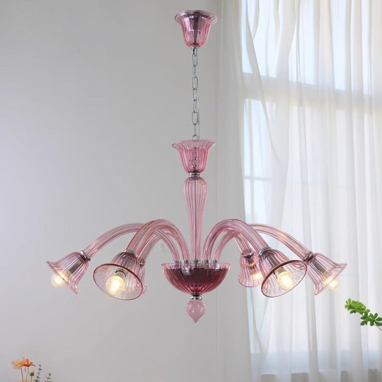 Traditional French Glass & Iron Trumpet Branch 6-Light Chandelier For Living Room & Bedroom