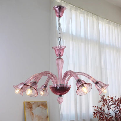 Traditional French Glass & Iron Trumpet Branch 6-Light Chandelier For Living Room & Bedroom