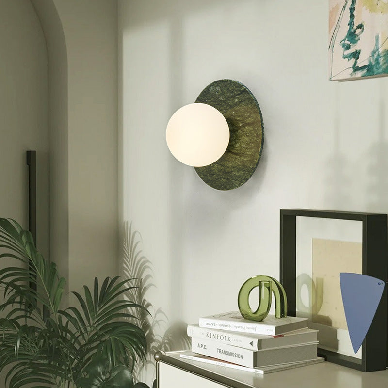 Contemporary Nordic Iron, Marble & Glass Round 1-Light Wall Sconce Lamp For Bedroom & Living Room