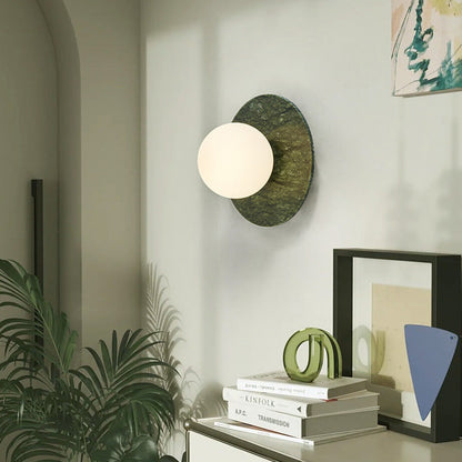 Contemporary Nordic Iron, Marble & Glass Round 1-Light Wall Sconce Lamp For Bedroom & Living Room