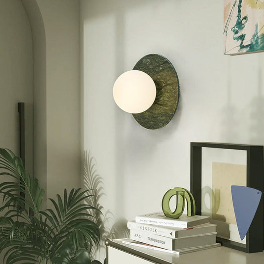 Contemporary Nordic Iron, Marble & Glass Round 1-Light Wall Sconce Lamp For Bedroom & Living Room