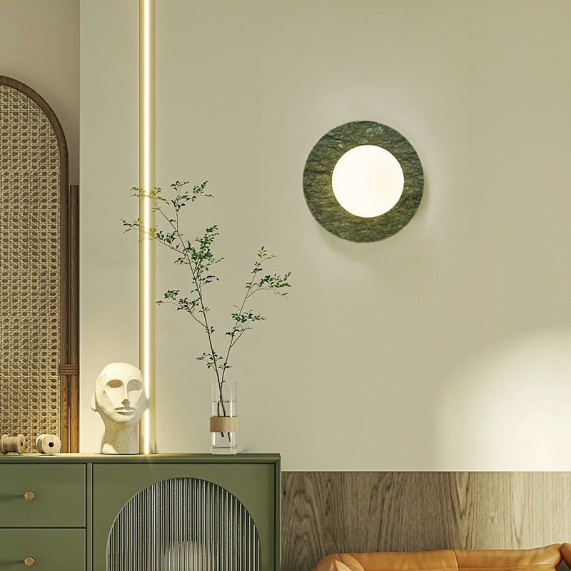 Contemporary Nordic Iron, Marble & Glass Round 1-Light Wall Sconce Lamp For Bedroom & Living Room