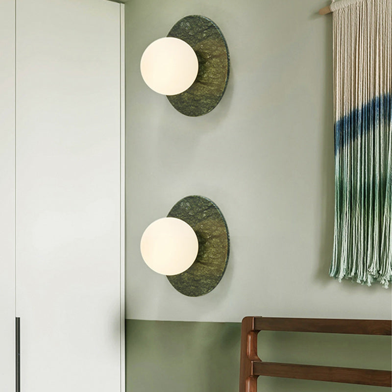 Contemporary Nordic Iron, Marble & Glass Round 1-Light Wall Sconce Lamp For Bedroom & Living Room