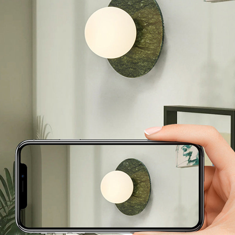 Contemporary Nordic Iron, Marble & Glass Round 1-Light Wall Sconce Lamp For Bedroom & Living Room