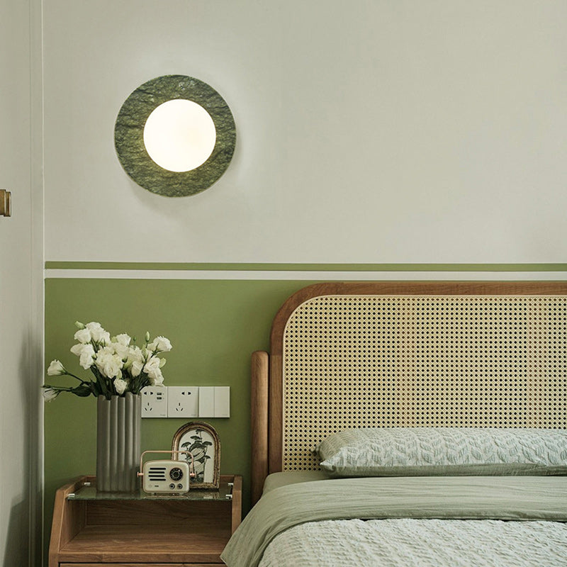 Contemporary Nordic Iron, Marble & Glass Round 1-Light Wall Sconce Lamp For Bedroom & Living Room