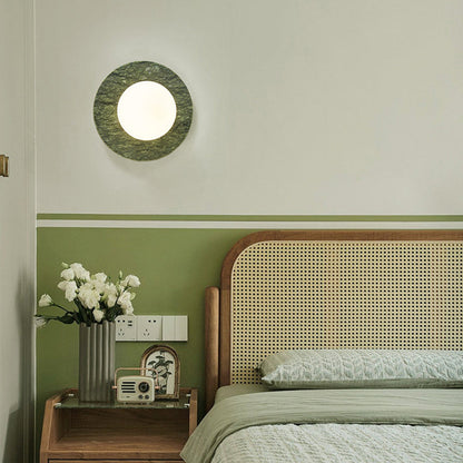 Contemporary Nordic Iron, Marble & Glass Round 1-Light Wall Sconce Lamp For Bedroom & Living Room