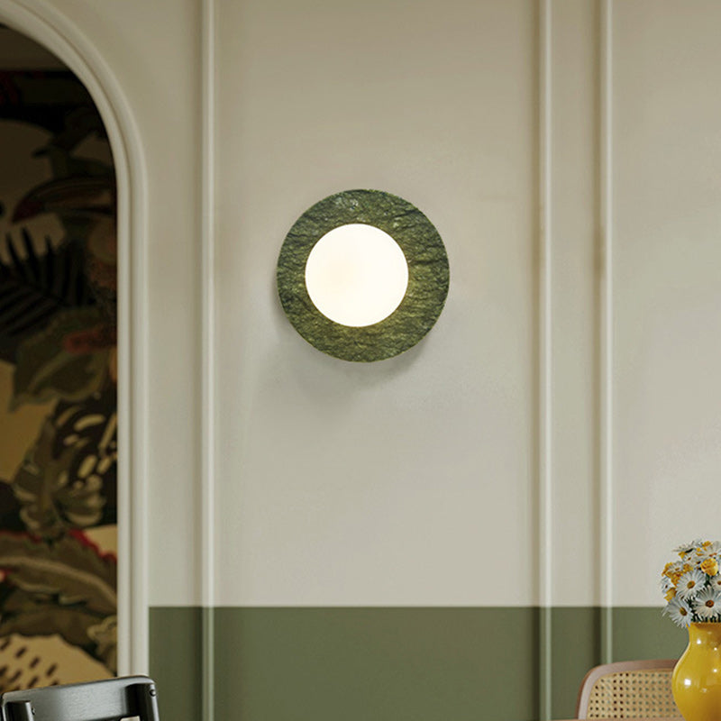 Contemporary Nordic Iron, Marble & Glass Round 1-Light Wall Sconce Lamp For Bedroom & Living Room