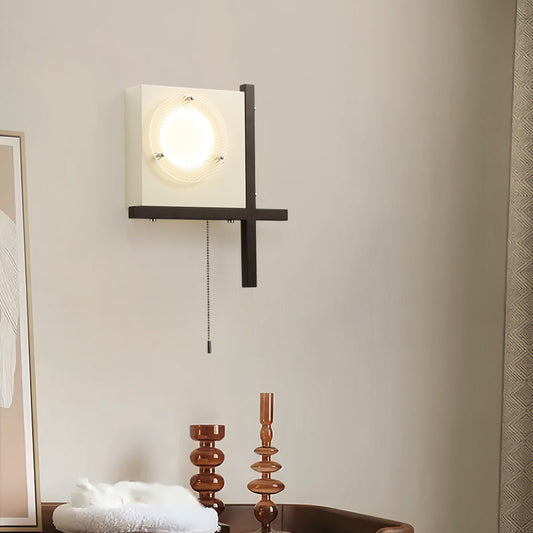 Modern Mid-Century Iron & Wood Square LED Wall Sconce Lamp For Bedroom & Living Room