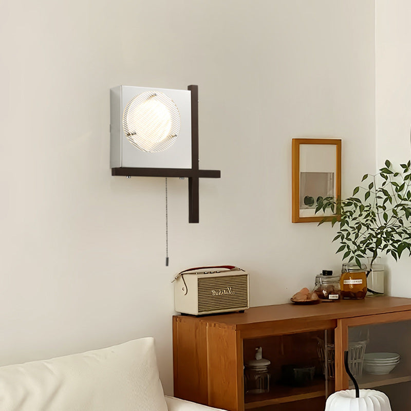 Modern Mid-Century Iron & Wood Square LED Wall Sconce Lamp For Bedroom & Living Room