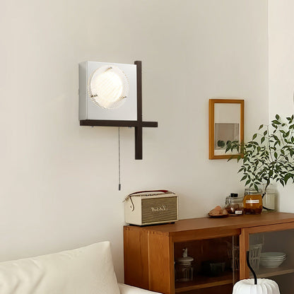 Modern Mid-Century Iron & Wood Square LED Wall Sconce Lamp For Bedroom & Living Room