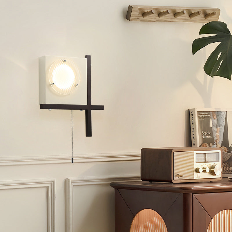 Modern Mid-Century Iron & Wood Square LED Wall Sconce Lamp For Bedroom & Living Room