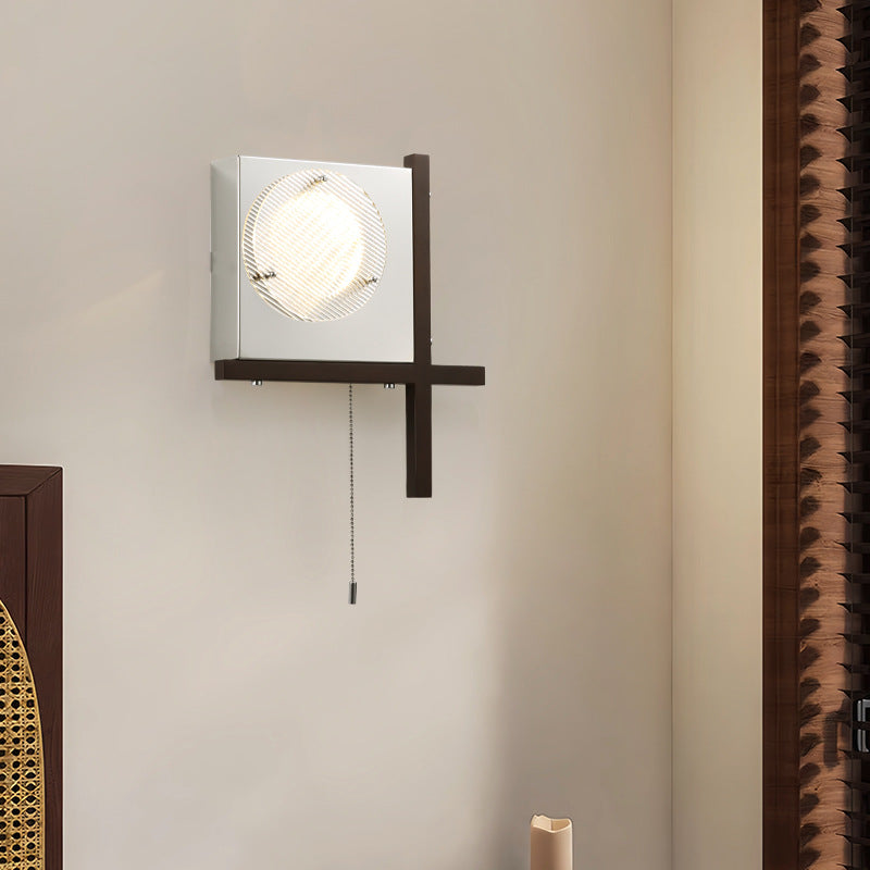 Modern Mid-Century Iron & Wood Square LED Wall Sconce Lamp For Bedroom & Living Room