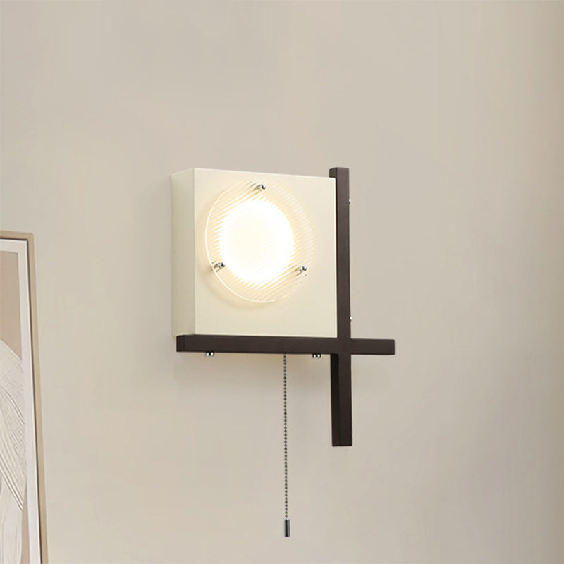 Modern Mid-Century Iron & Wood Square LED Wall Sconce Lamp For Bedroom & Living Room