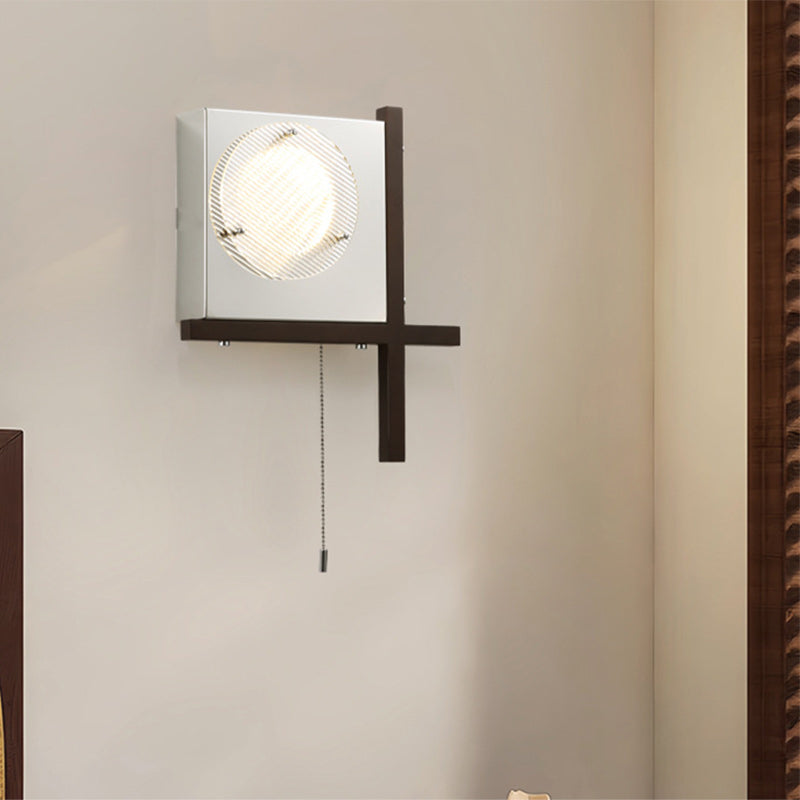 Modern Mid-Century Iron & Wood Square LED Wall Sconce Lamp For Bedroom & Living Room