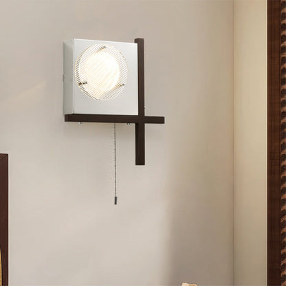 Modern Mid-Century Iron & Wood Square LED Wall Sconce Lamp For Bedroom & Living Room