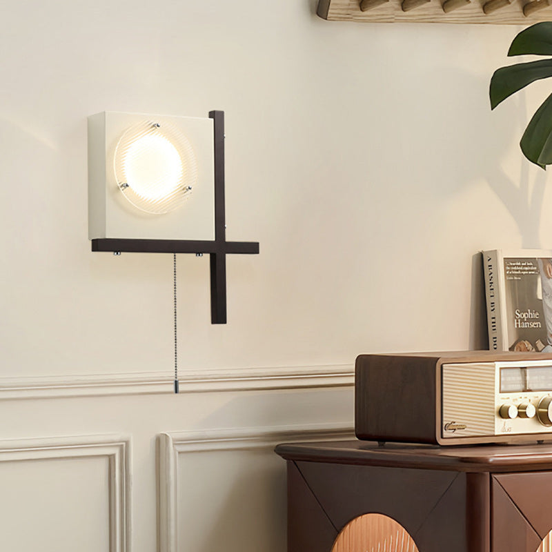 Modern Mid-Century Iron & Wood Square LED Wall Sconce Lamp For Bedroom & Living Room