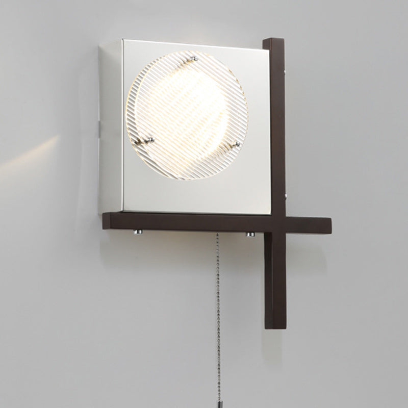Modern Mid-Century Iron & Wood Square LED Wall Sconce Lamp For Bedroom & Living Room