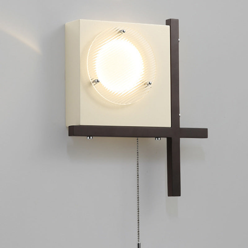 Modern Mid-Century Iron & Wood Square LED Wall Sconce Lamp For Bedroom & Living Room