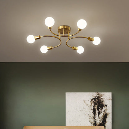 Contemporary Nordic Metal Curved 4/6/8-Light Semi-Flush Mount Ceiling Light For Bedroom & Living Room