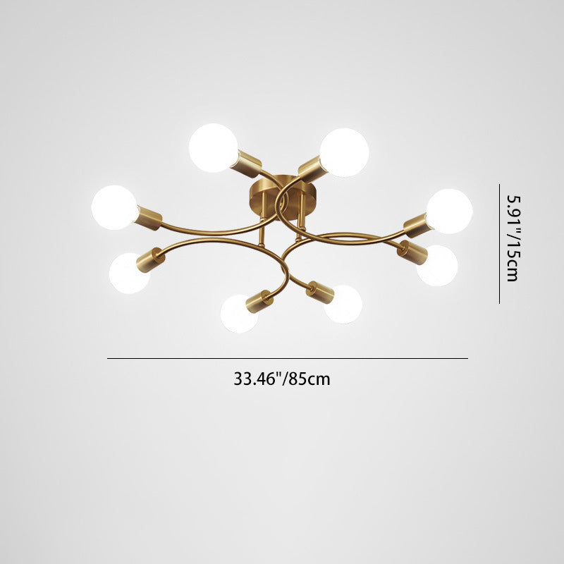 Contemporary Nordic Metal Curved 4/6/8-Light Semi-Flush Mount Ceiling Light For Bedroom & Living Room