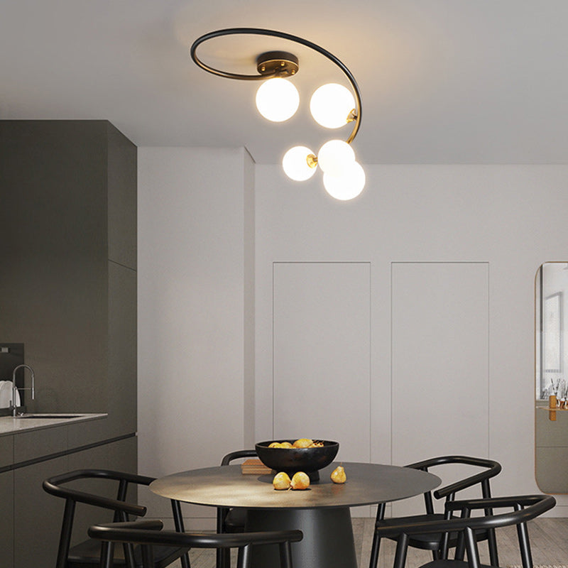 Contemporary Nordic Iron & Glass Curved Round 4/5/7-Light Semi-Flush Mount Ceiling Light For Bedroom & Living Room