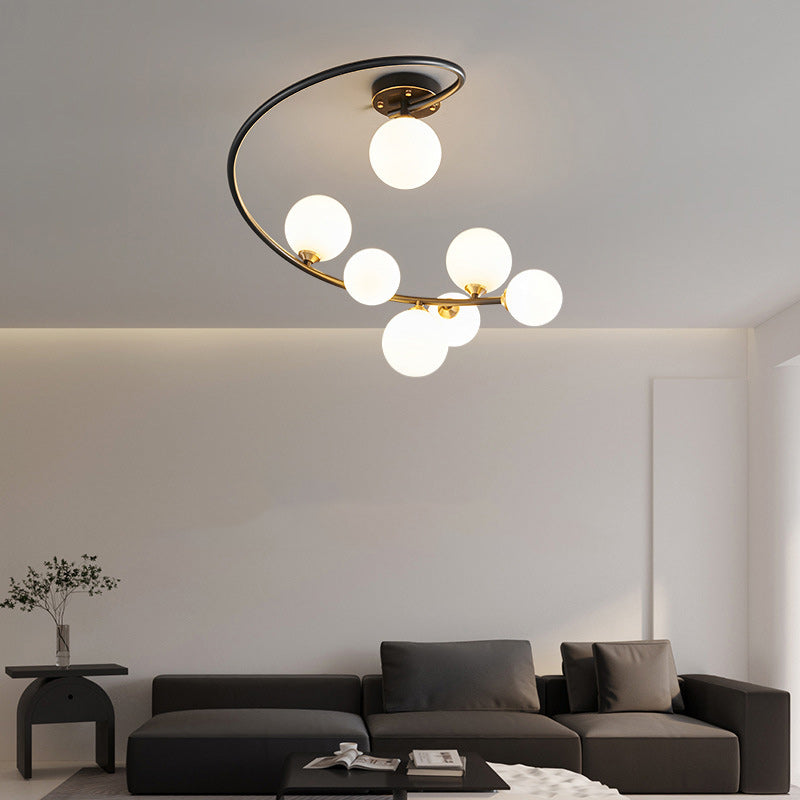 Contemporary Nordic Iron & Glass Curved Round 4/5/7-Light Semi-Flush Mount Ceiling Light For Bedroom & Living Room