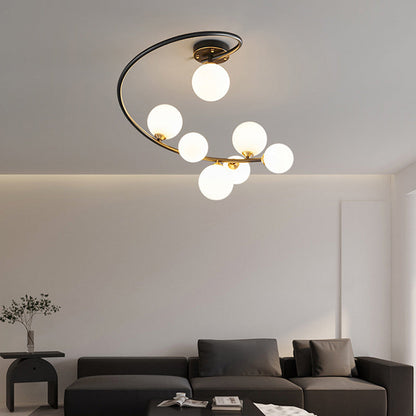 Contemporary Nordic Iron & Glass Curved Round 4/5/7-Light Semi-Flush Mount Ceiling Light For Bedroom & Living Room