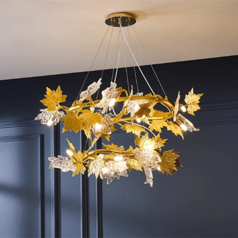Contemporary Creative Aluminum & Glass Maple Leaf 6/9/14/20-Light Chandelier For Dining Room, Bedroom And Living Room
